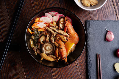 High angle view of food in bowl on table