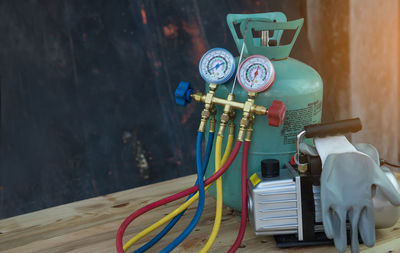 Close-up of work tools on table