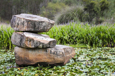 Stack of rocks on field