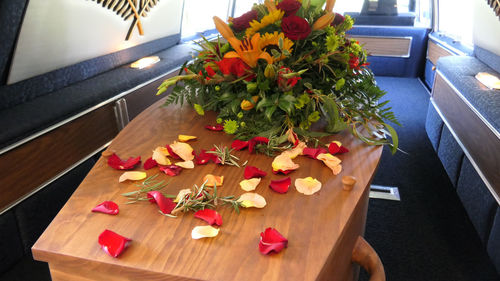 High angle view of flowers on table