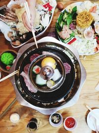 High angle view of food served on table