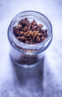 High angle view of breakfast in glass jar on table