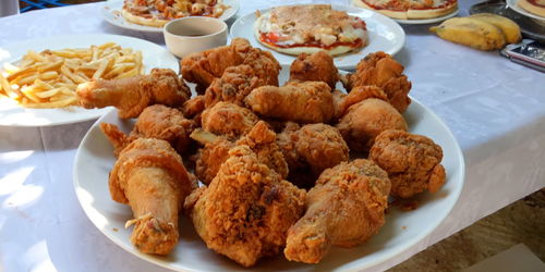 High angle view of meal served on table