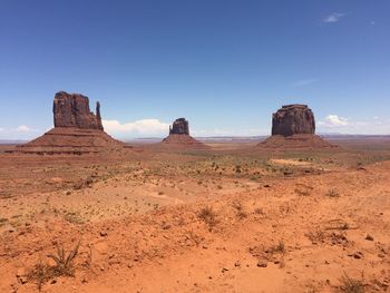 Scenic view of desert against clear blue sky