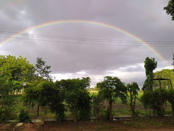 Scenic view of rainbow over trees on field against sky