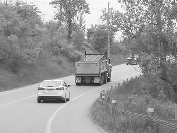 Cars moving on road along trees