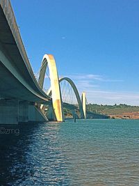 Low angle view of bridge over water against clear blue sky