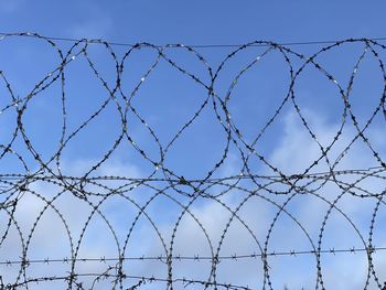 Low angle view of barbed wire against sky