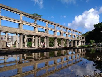 Reflection of bridge in lake against sky