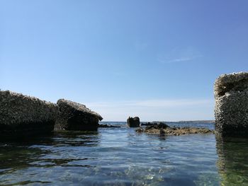 Scenic view of sea against clear blue sky