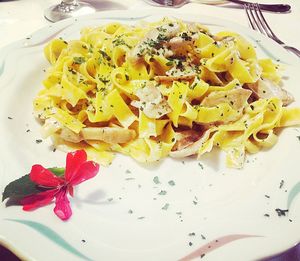 High angle view of chopped vegetables in plate