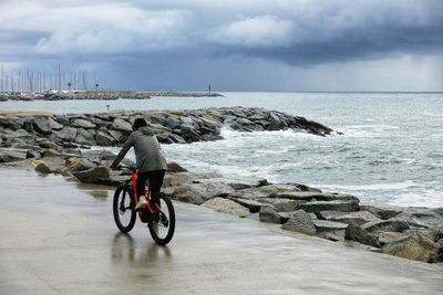 Rear view of person riding bicycle on beach