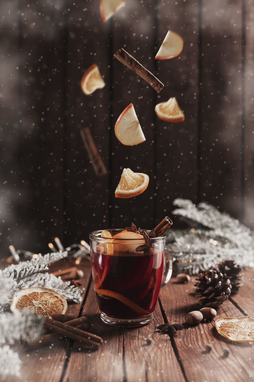 food and drink, food, wood, winter, christmas, cold temperature, sweet food, sugar, nature, no people, baked, snow, table, drink, indoors, sweet, freshness, celebration, snowflake, hot drink, still life photography, refreshment, holiday, dark, tea, tree, still life