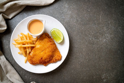 High angle view of food in plate on table