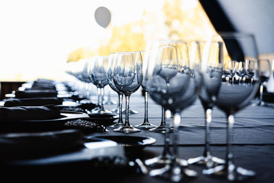 Wine glass on table in restaurant