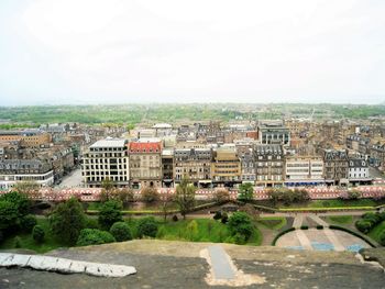 High angle view of buildings against clear sky