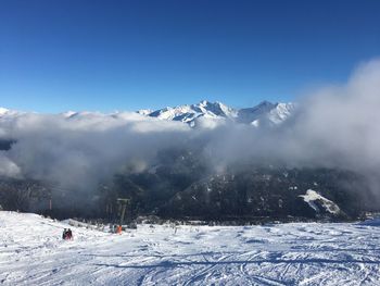 Scenic view of snow covered mountains against sky