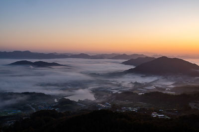 Scenic view of mountains against sky during sunset