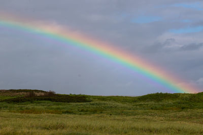 Rainbow over field against sky