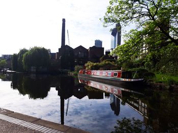 Scenic view of lake by buildings against sky