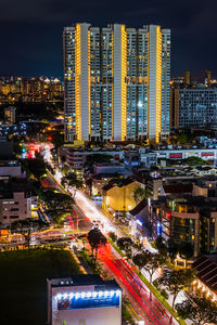 High angle view of illuminated buildings at night