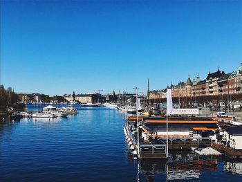 Boats moored at harbor