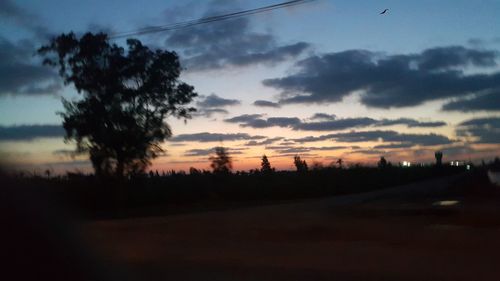 Silhouette trees on landscape against sky at sunset