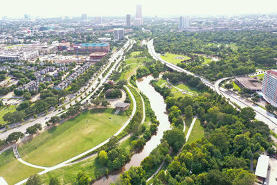 High angle view of road amidst buildings in city