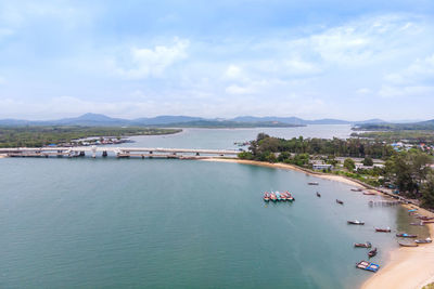 High angle view of boats in bay