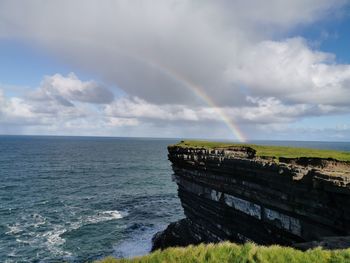 Scenic view of sea against rainbow in sky