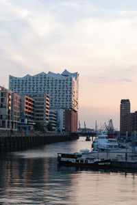 Buildings by river against sky during sunset