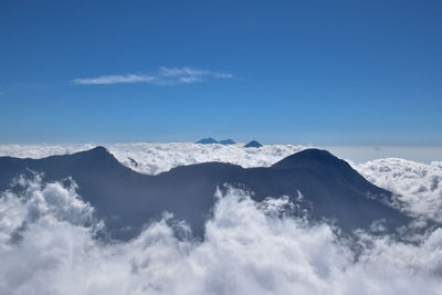 Scenic view of snowcapped mountains against blue sky