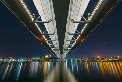 Illuminated bridge over river at night