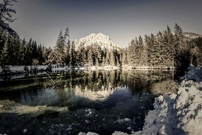 Scenic view of lake against sky during winter