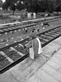 High angle view of leaf on railroad track