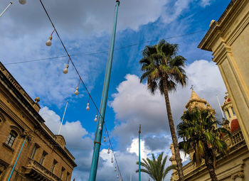 Low angle view of palm trees and buildings against sky