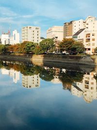 Reflection of buildings in lake against sky