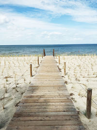 Wooden pier leading towards sea against sky