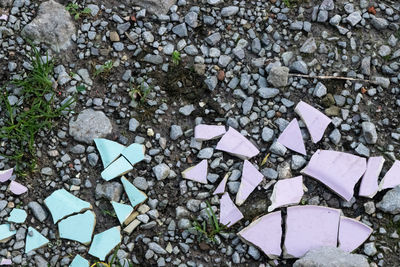 High angle view of stones on pebbles