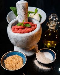 High angle view of food on table