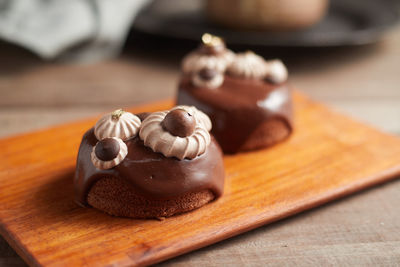 Close-up of chocolate cake on table