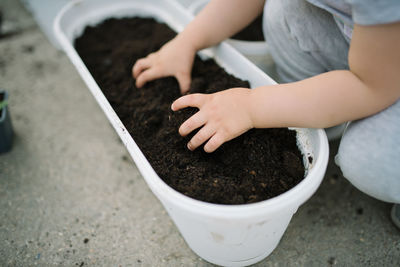 A little girl have fun in the garden and holds a garden plot