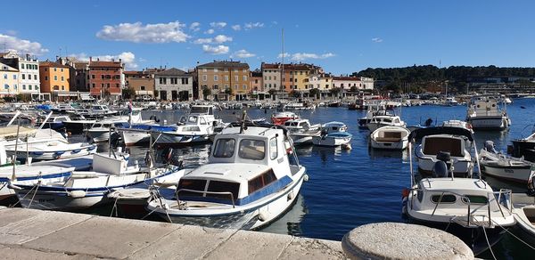 Sailboats moored in harbor by city against sky