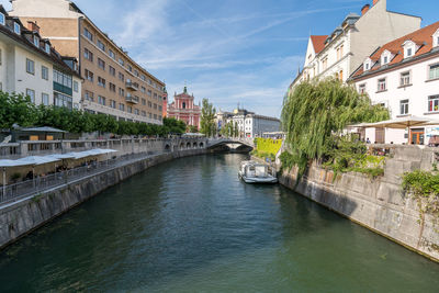 River amidst buildings in city against sky