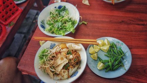 High angle view of meal served on table