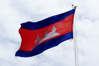 Low angle view of flag against clear blue sky