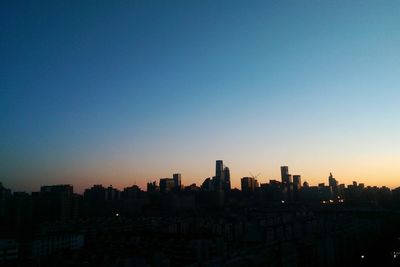 Cityscape against clear sky during sunset