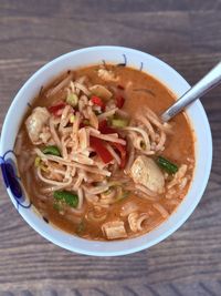 High angle view of soup in bowl on table