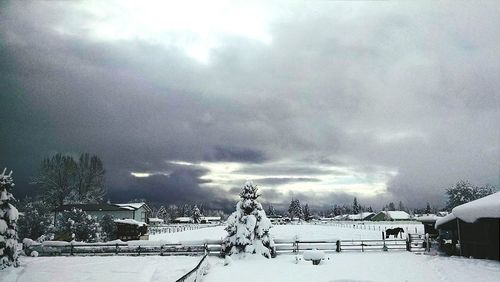 Snow covered landscape against cloudy sky