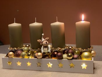 Close-up of illuminated candles on table